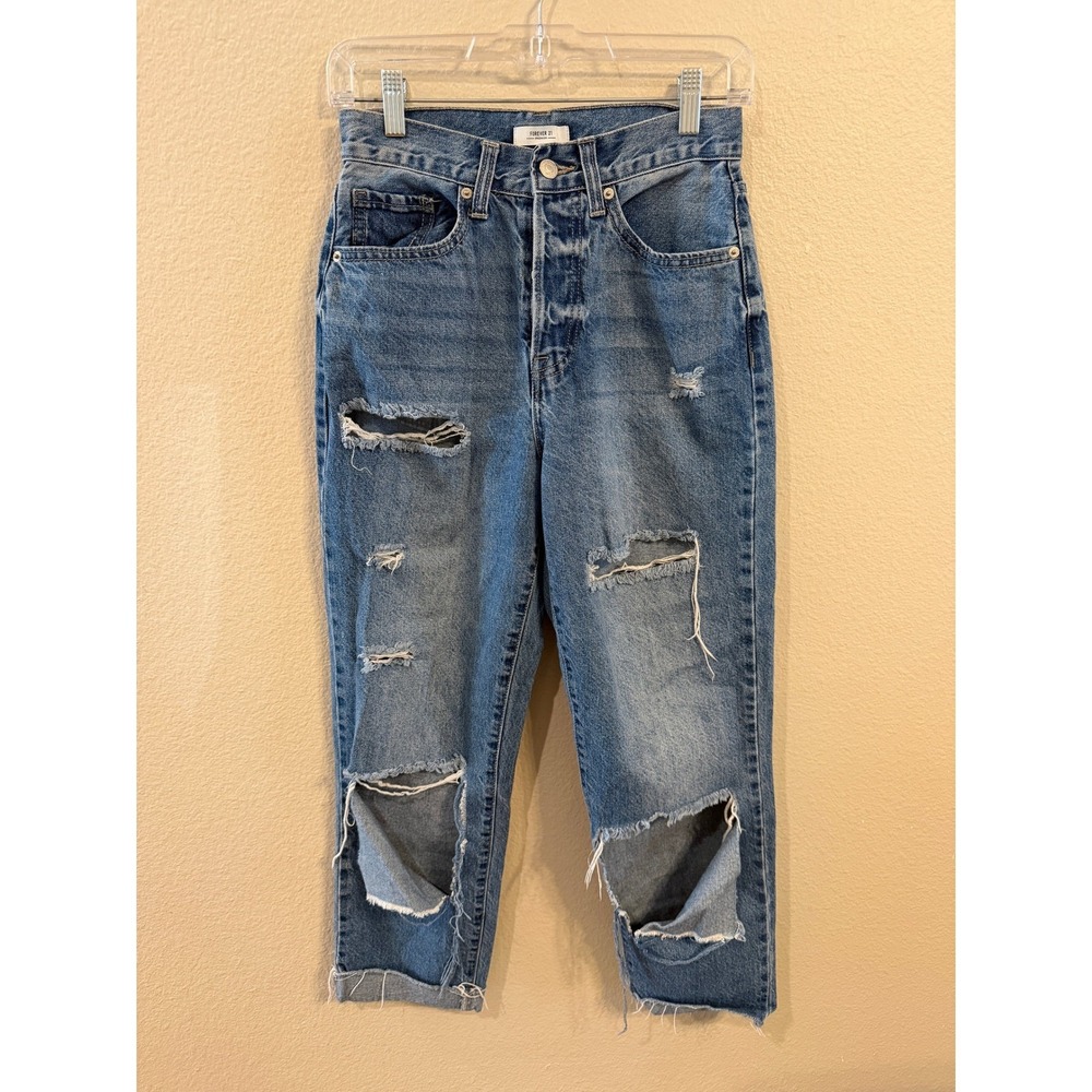 Forever 21 Premium Distressed Mom Jeans High Rise Medium Wash Blue Size 25